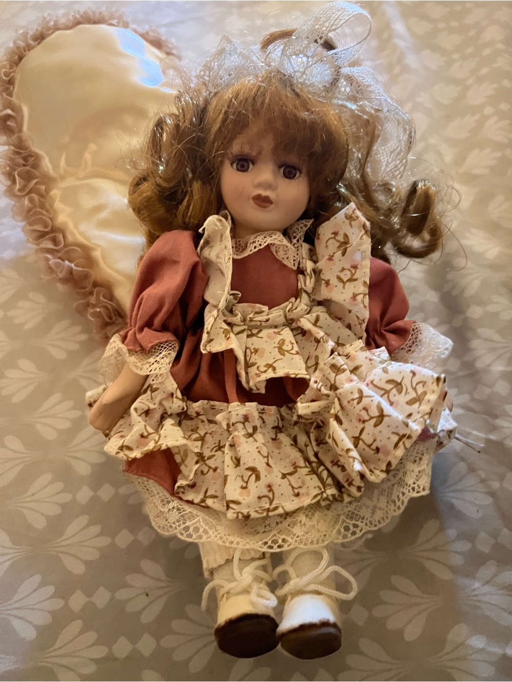 Porcelain Doll in Pink Floral Dress - Classic Collectible for Kids